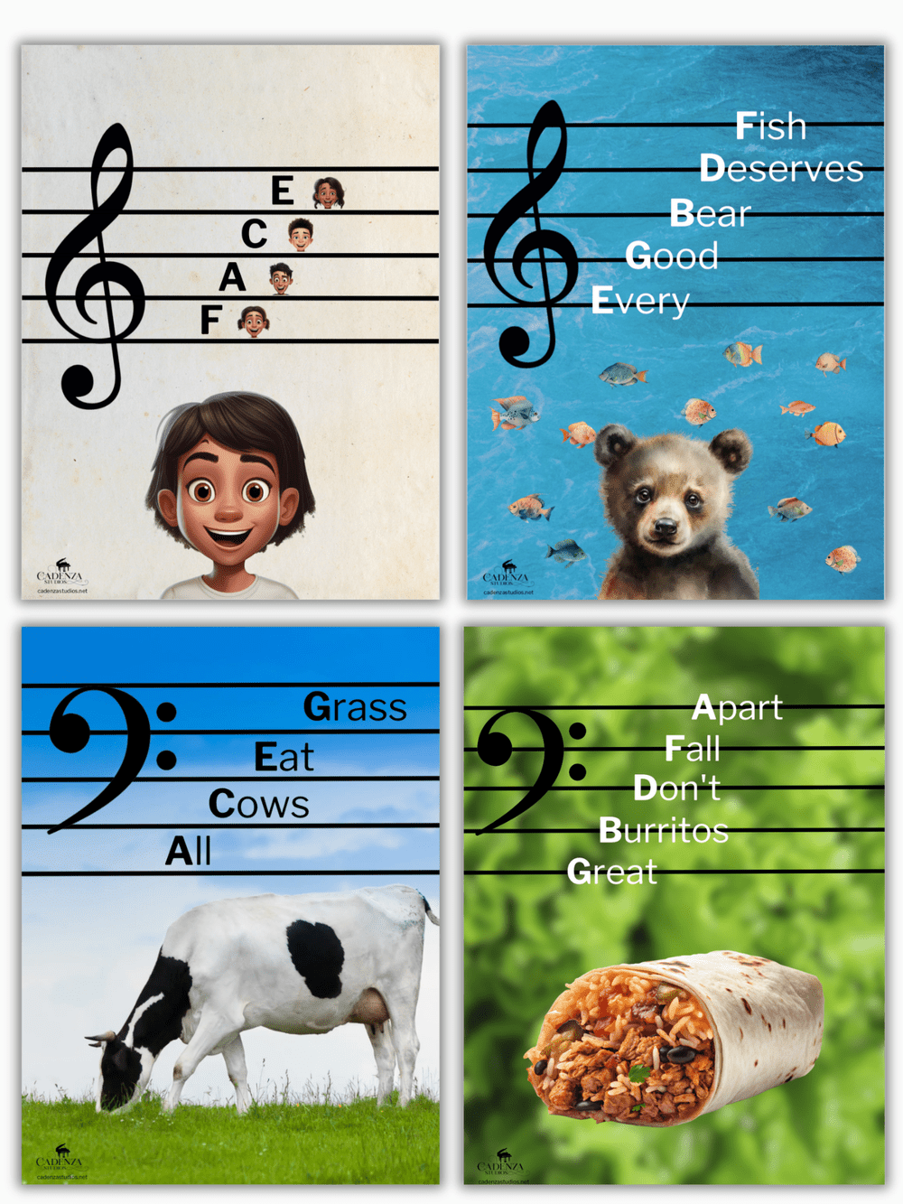 Treble & Bass Clef Mnemonic Posters for Music Teachers - Cadenza